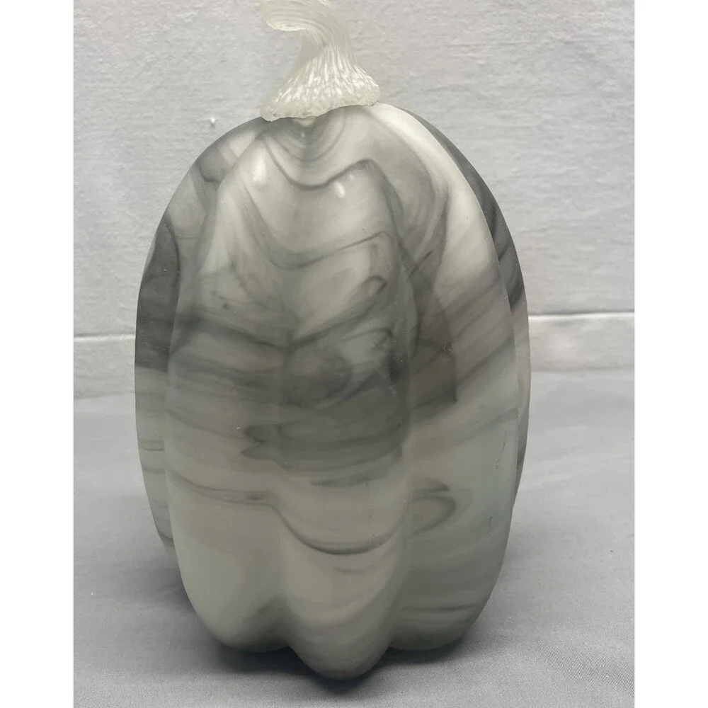 Hand Blown Glass Gray & White Large Gourd Pumpkin Fall Autumn Halloween Heavy